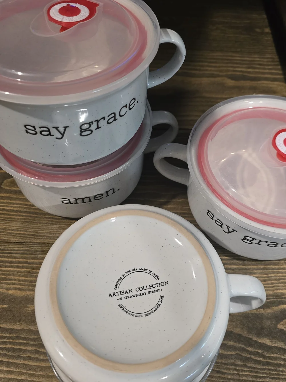White 'Say Grace' Ceramic Soup Mugs with Lids - Set of 4